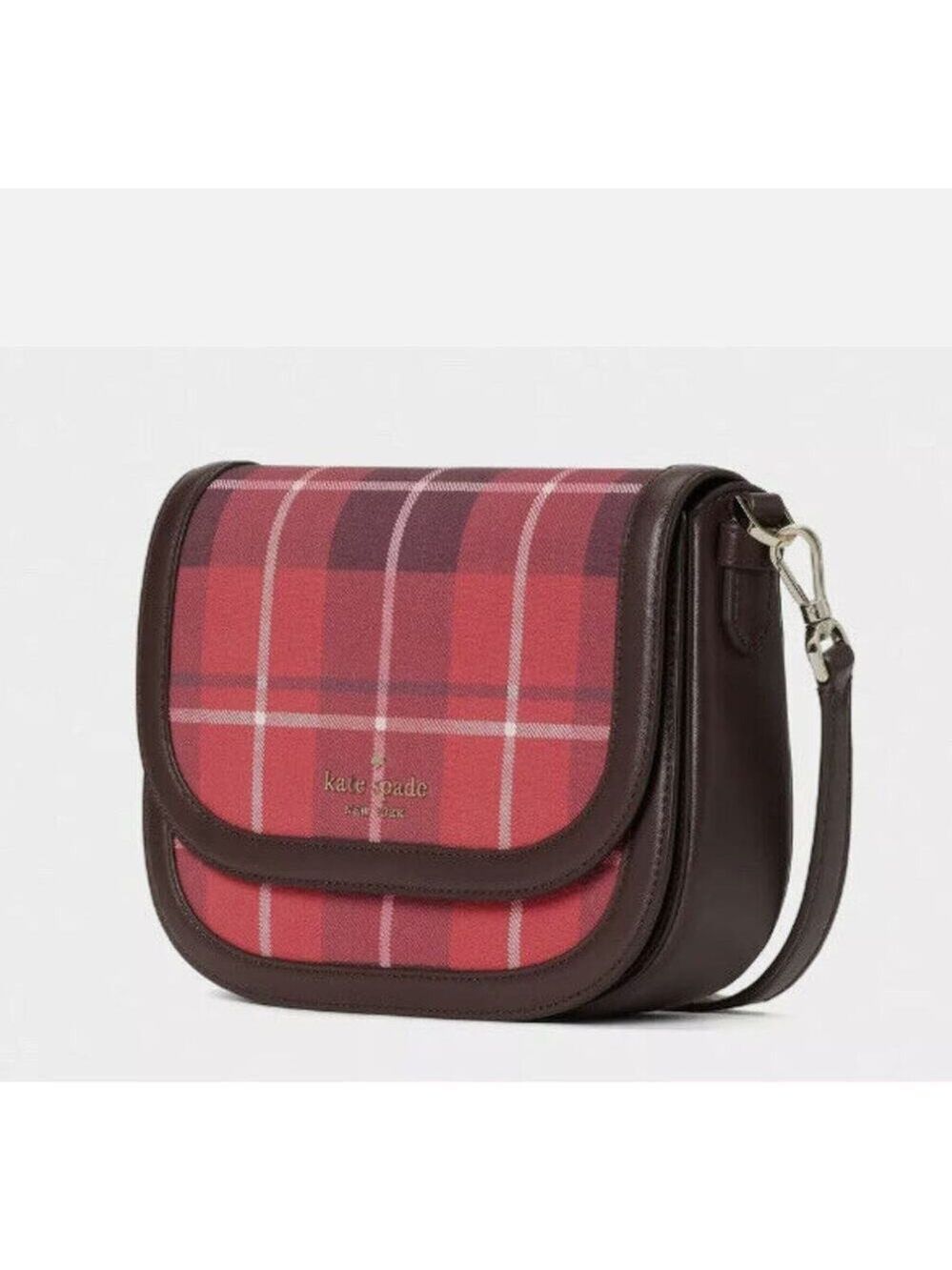 KATE SPADE PLAID SADDLE BAG "BLAKE" CROSSBODY PURSE BRIGHT ROSE RED & BLACK NEW!